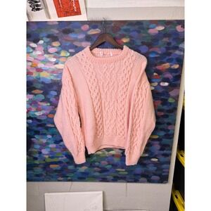 Vintage Hand Knit Pink Cable Knit Sweater Fisherman Chunky Crewneck Pullover